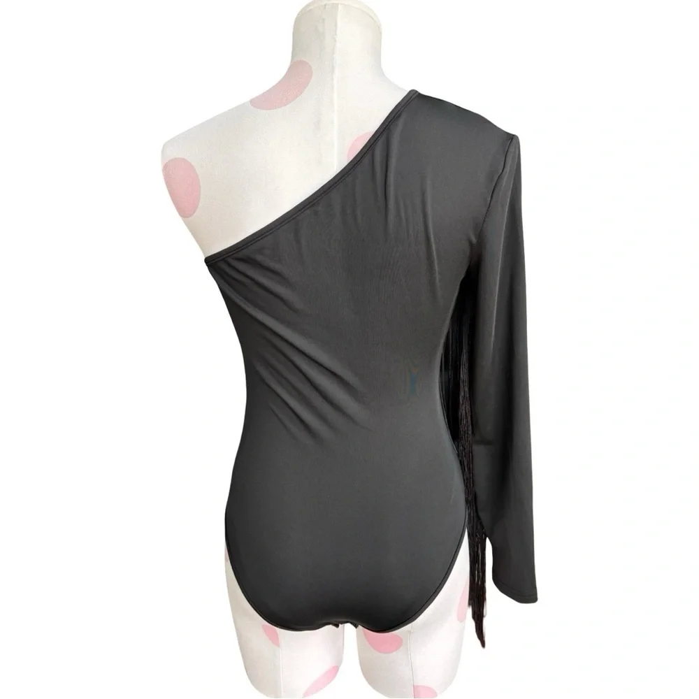 One-shoulder fringe bodysuit - black - small